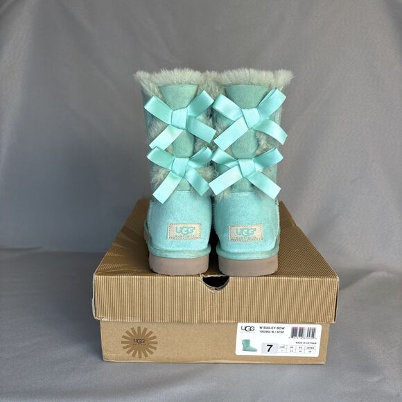 Women's UGG Boots Sz 7 Bailey Bow SFSP Aqua Suede Coquette Light Green Blue - Picture 1 of 16